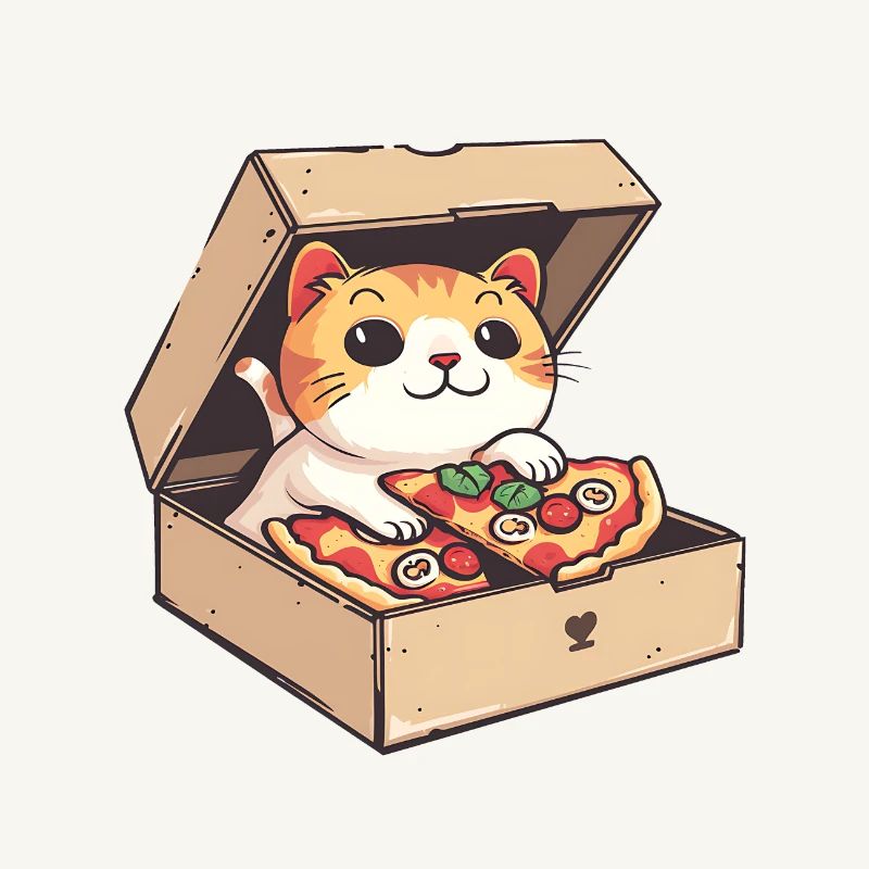 Cat Inside a Pizza Box Holding a Pizza Slice