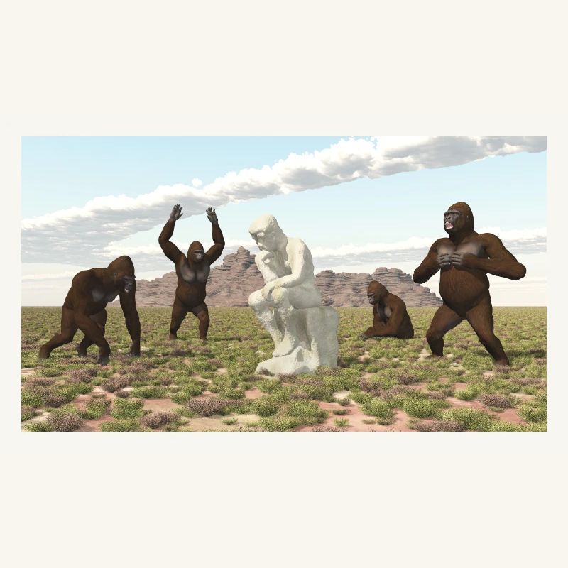 Gorillas with Thinker Sculpture
