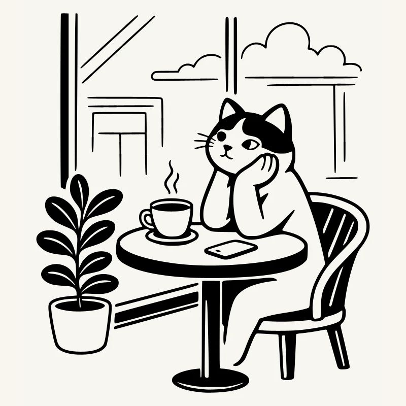 Nachdenkliche Katze Café