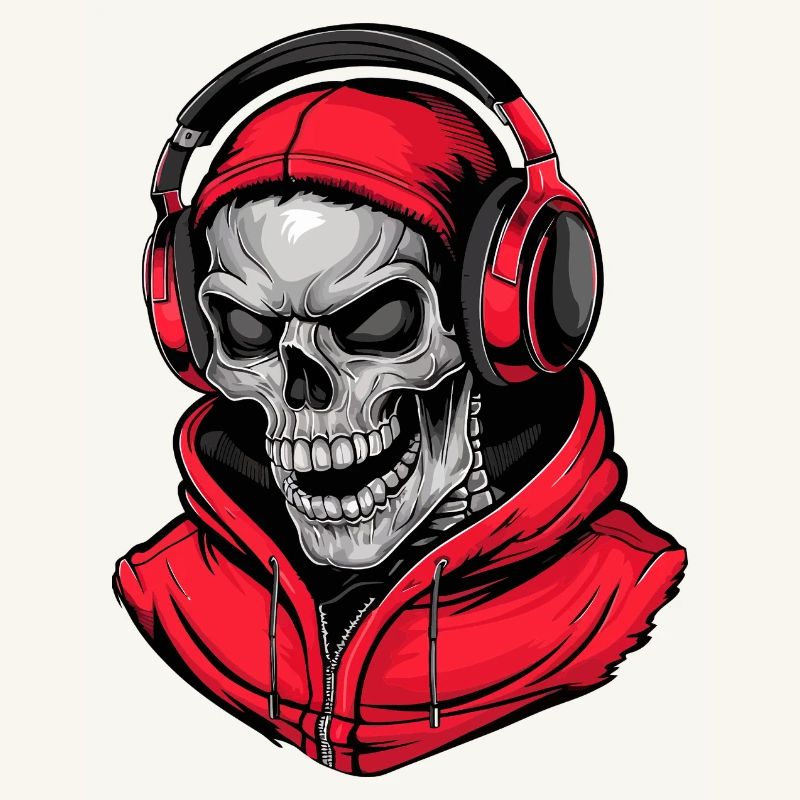 Totenkopf in Rot Kapuzenpullover mit Kopfhörern