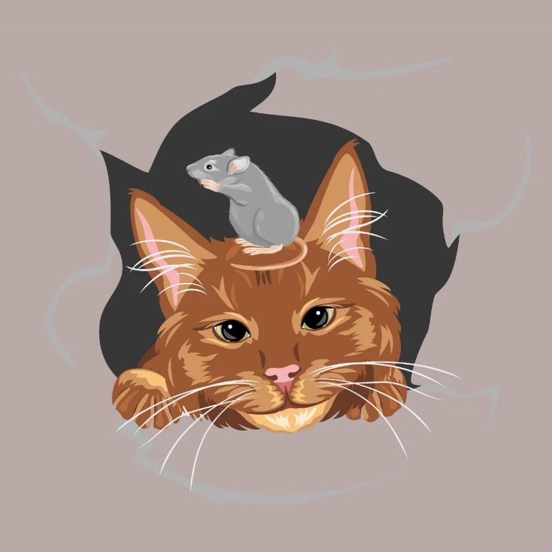 Cat and grey mouse peeks through a broken wall