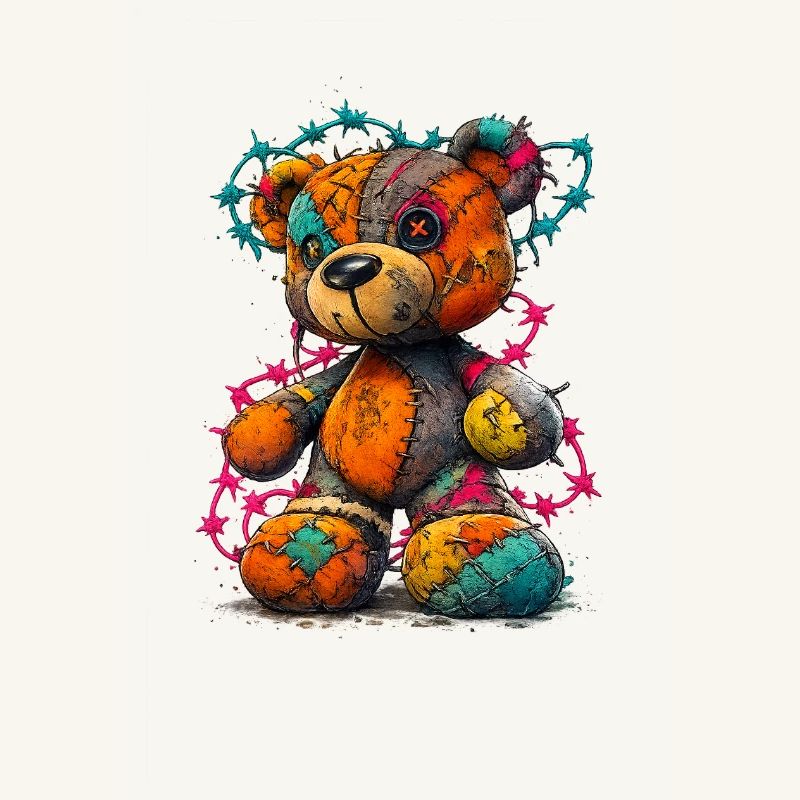 Patchwork Teddybär mit Neonfäden