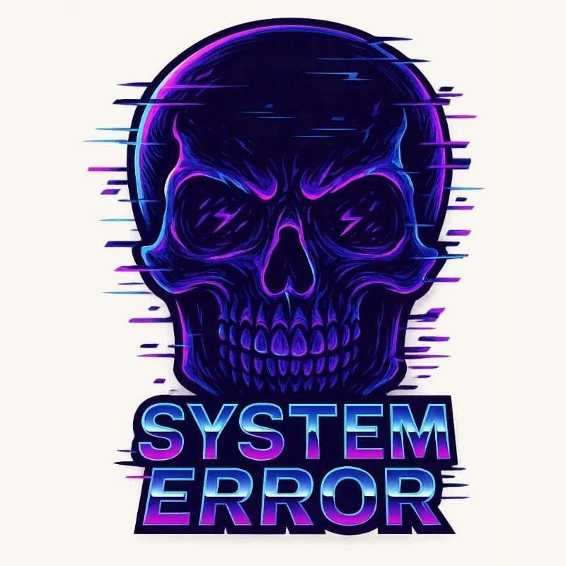 Neon Glitch Schädel mit Systemfehlertext