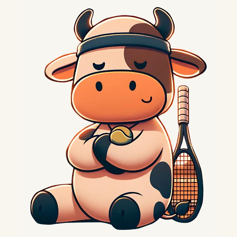 Cute tennis cow with racket and ball