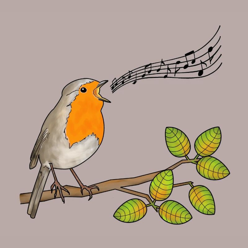 Robin singing, musical notes