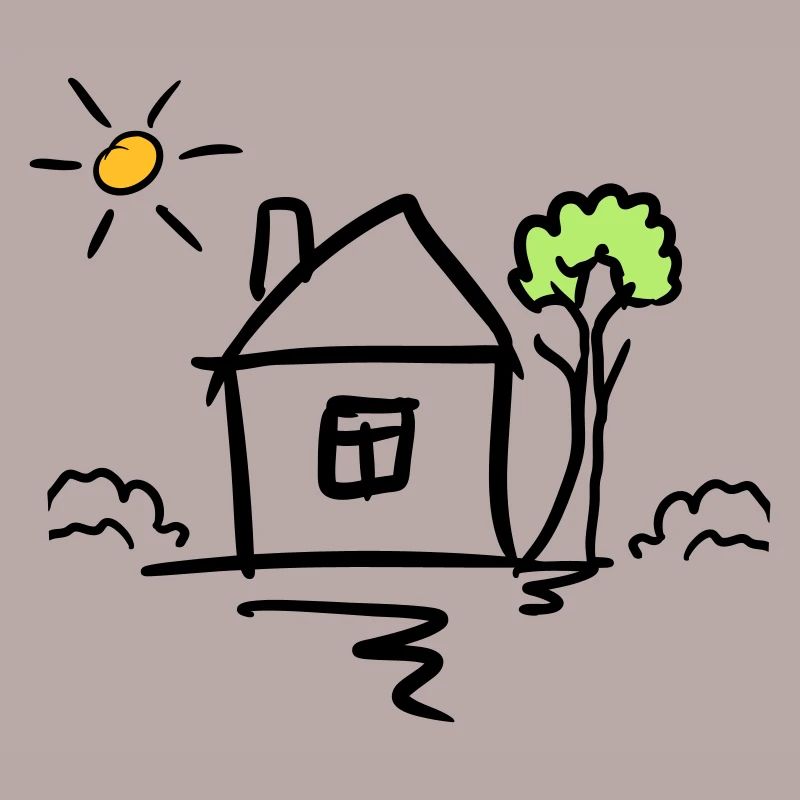 House with tree and sun. Drawing. Hand Drawn