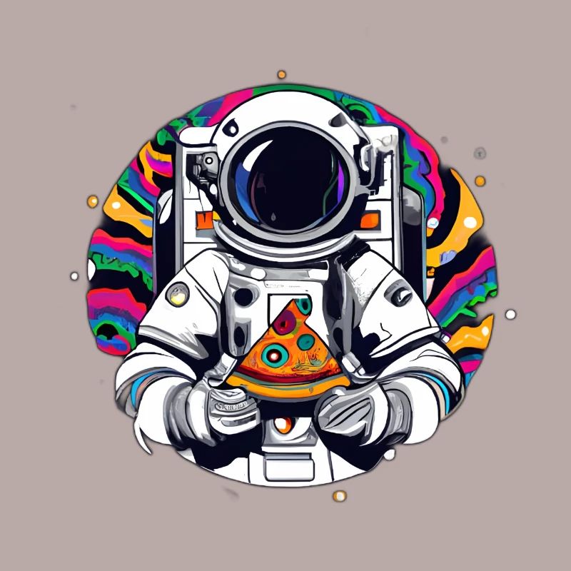 Astronaute funky dans l’espace avec une pizza