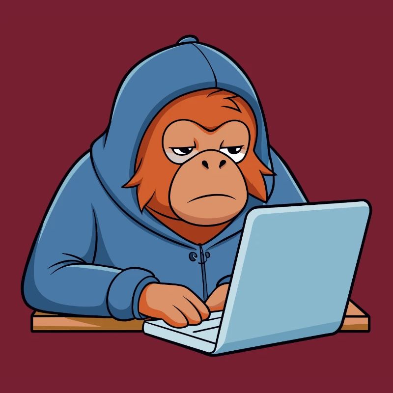 Mignon orang-outan hacker dans un sweat à capuche devant le PC
