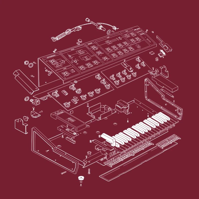 Analog synthsizer in exploded drawing