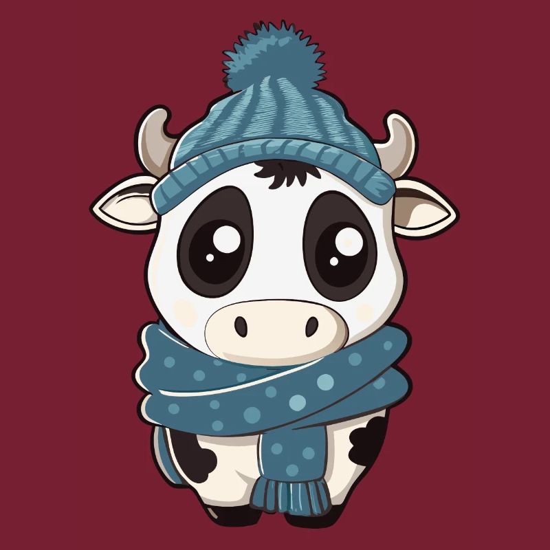 Vache mignonne avec écharpe et chapeau pompon – Mignon
