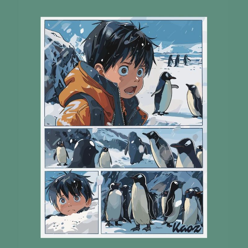 Garçon perdu et pingouins dans le style de la bande dessinée
