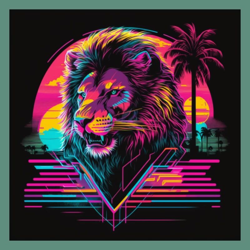 Lion with neon colors, synthwave / 80s
