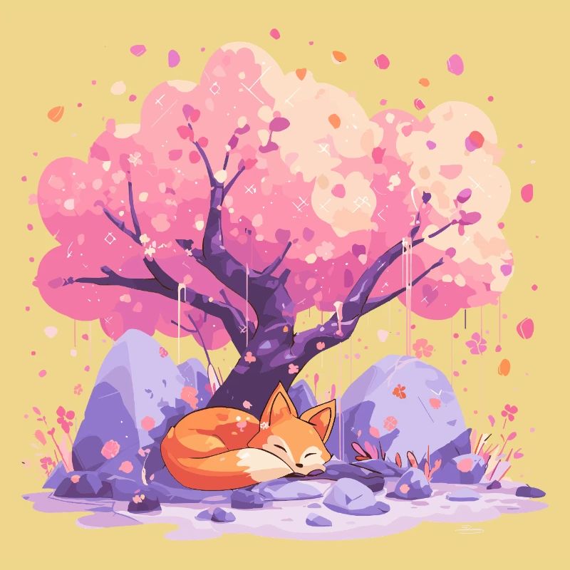 Sleeping fox under cherry tree