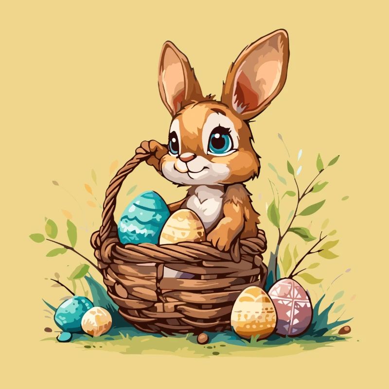Bunny with an Easter basket filled with eggs
