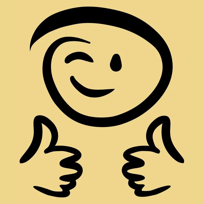 Face winks, shows two thumbs up. Emoticon.
