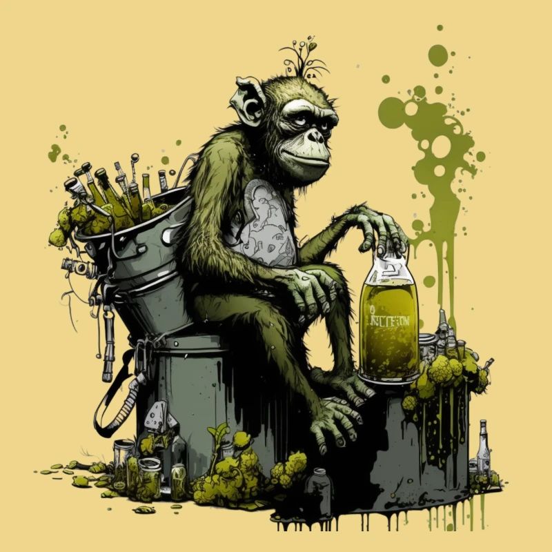 Chimpanzés devant la bouilloire de brassage, front spécial