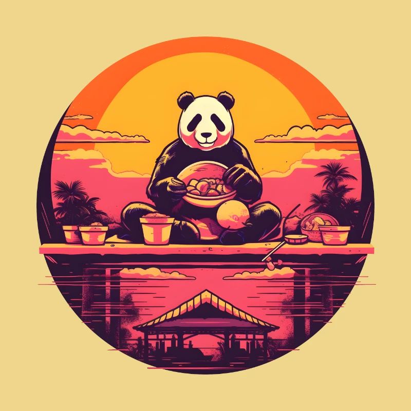 Synthwave mangeant Panda Japon Coucher de soleil