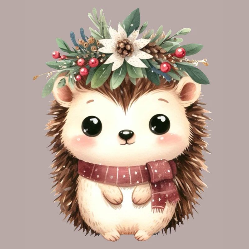 Hérisson mignon avec écharpe et couronne de Noël