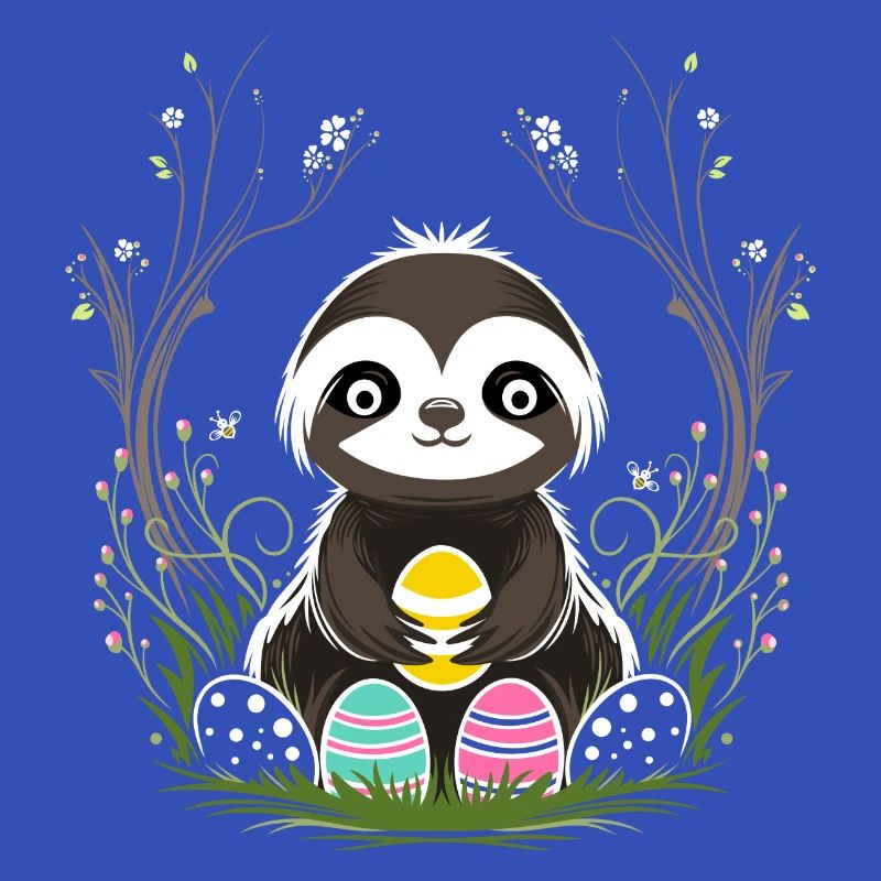 Easter Sloth with Easter Eggs in Spring