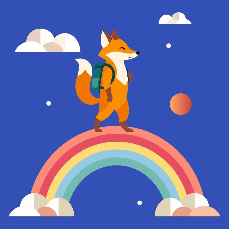 Cheerful fox with backpack on rainbow