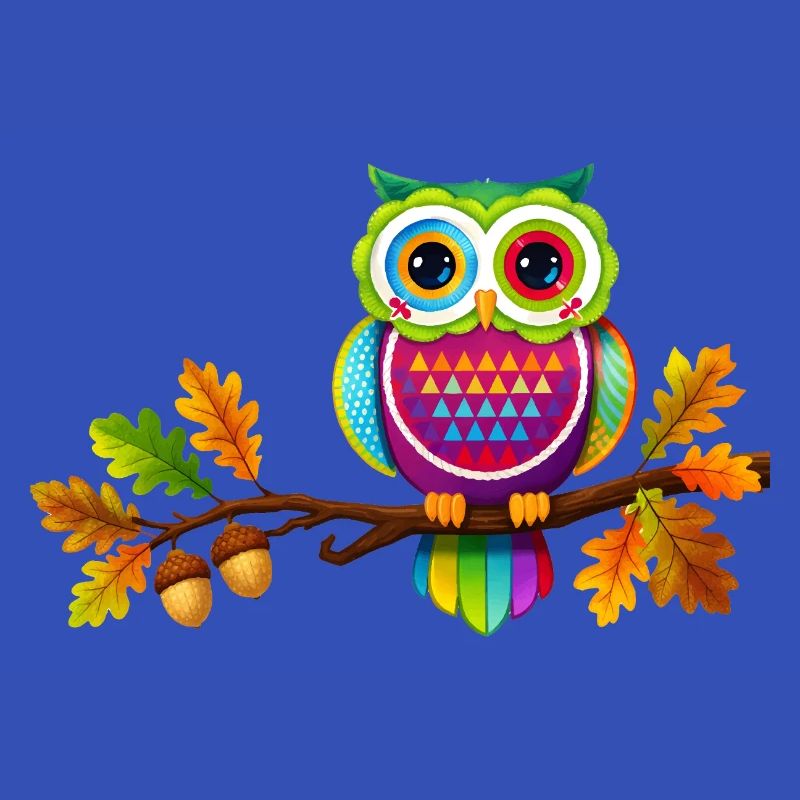 Bunte Eule auf Ast mit Herbstblättern