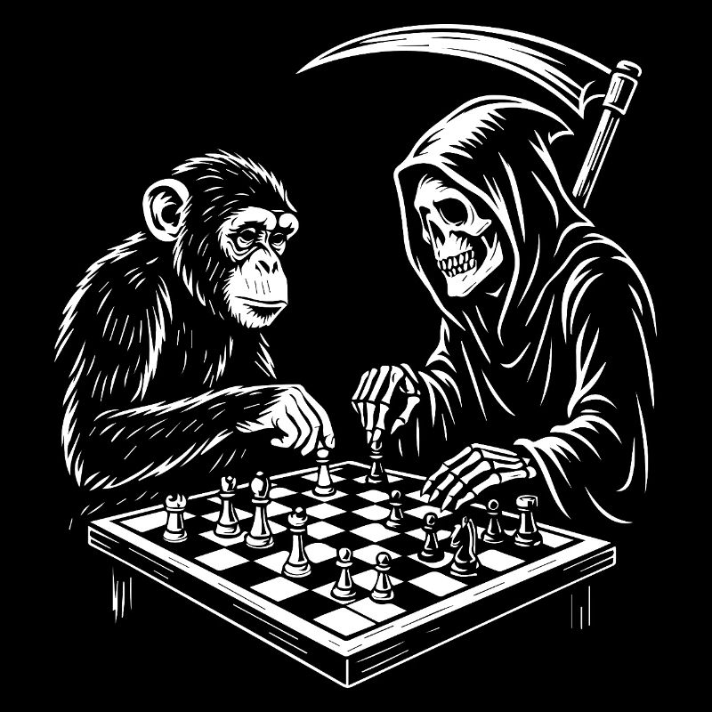 Grim Reaper joue aux échecs avec un chimpanzé