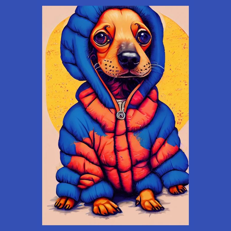 Pop-Art Dackel mit Oversized Puffer-Jacket
