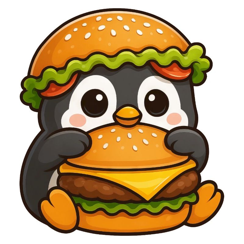 Cute Penguin with Hamburger Cheeseburger Fast Food
