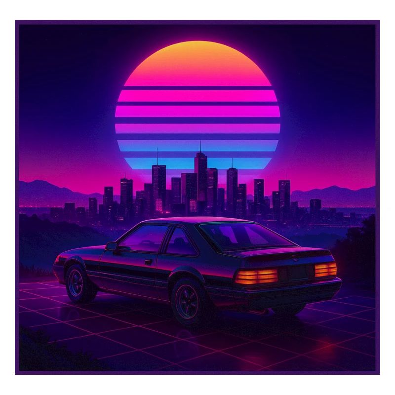 Neon Outrun Sunset Car – Synthwave rétro
