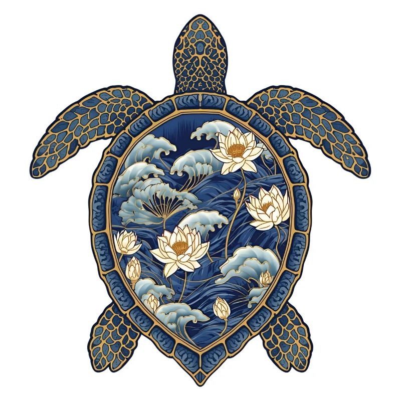 Turtle Porcelain Pattern - Lotus & Waves