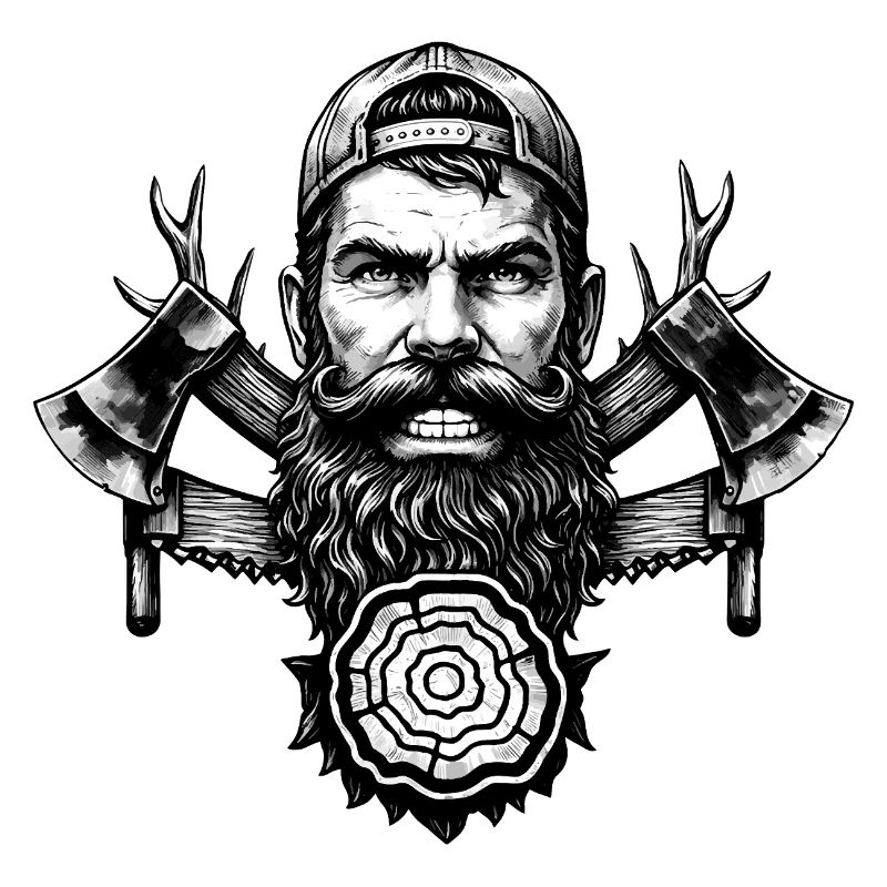 Lumberjack with beard, axes and tree trunk