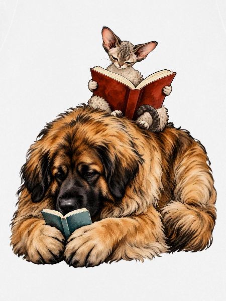 Leonberger & Devon Rex beim Lesen – Bücherfans
