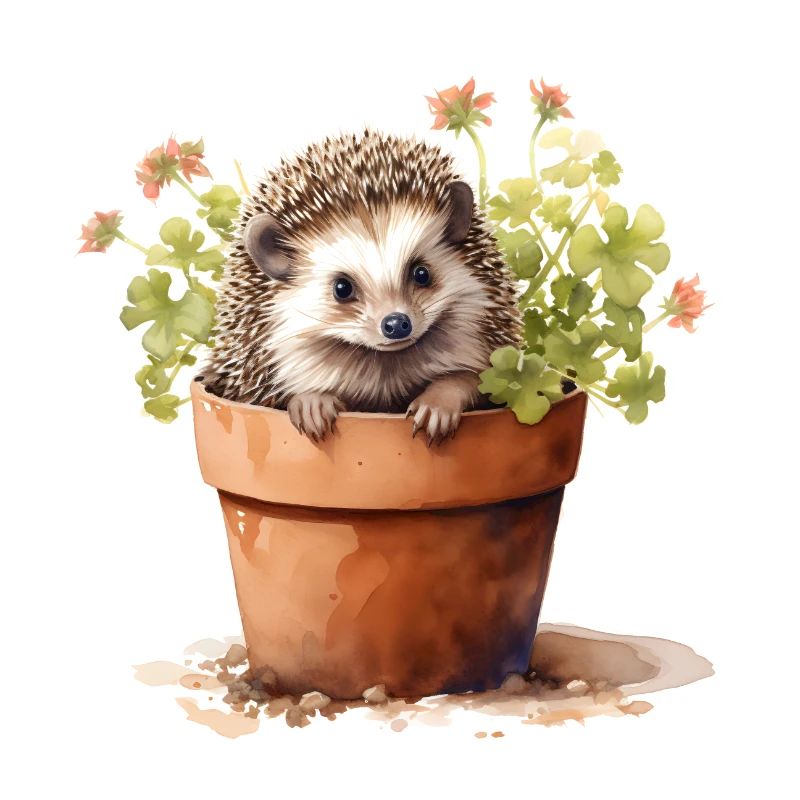 Hérisson dans un pot de fleurs, animal mignon dans un jardin de fleurs