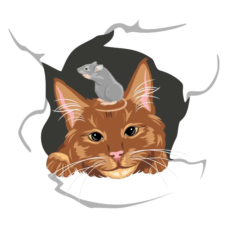 Katze und graue Maus lugen durch eine kaputte Wand