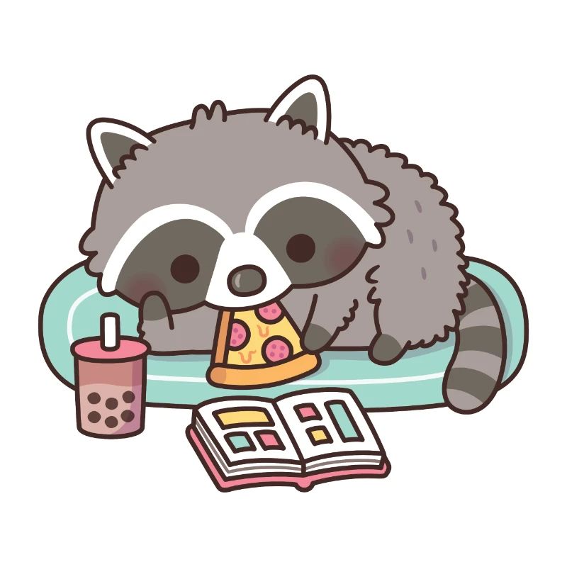 Mignon raton laveur mangeant de la pizza et lisant des mangas