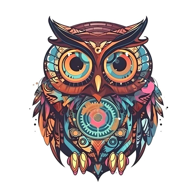 Cute owl with clockwork, comic style, geometric