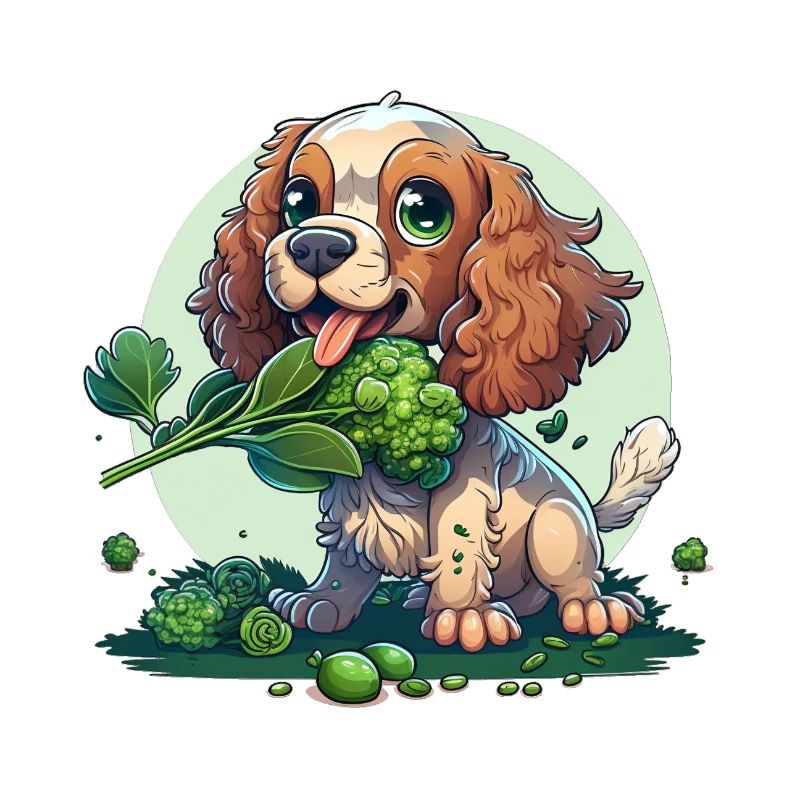 Cute dog eats green broccoli green vegetables