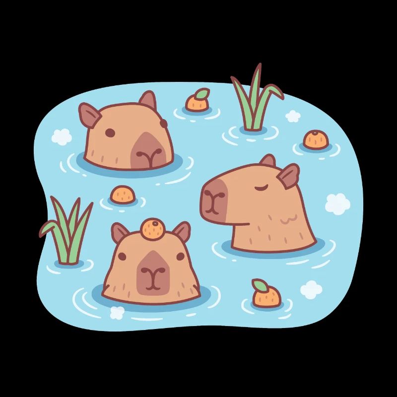 Mignon Capybaras chilling in hot spring with oranges