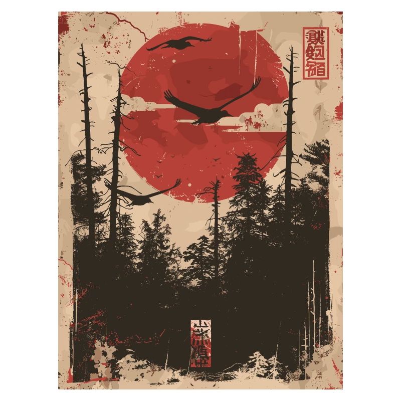 Red Sun Forest Ukiyo-e Forest Landscape