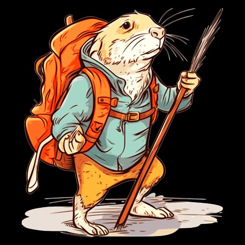 Mole rat as a hiker with stick and backpack