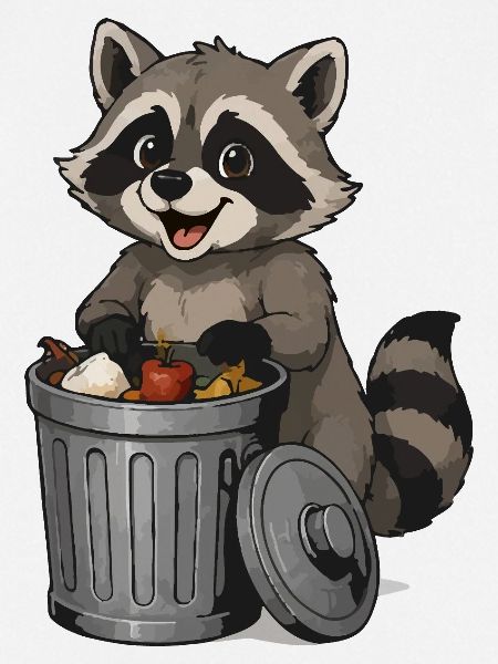 Waschbär mit Obst in Mülltonne