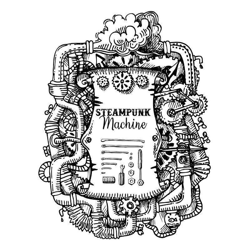 Hand Drawn Steampunk Machine w/ Tools and Gears