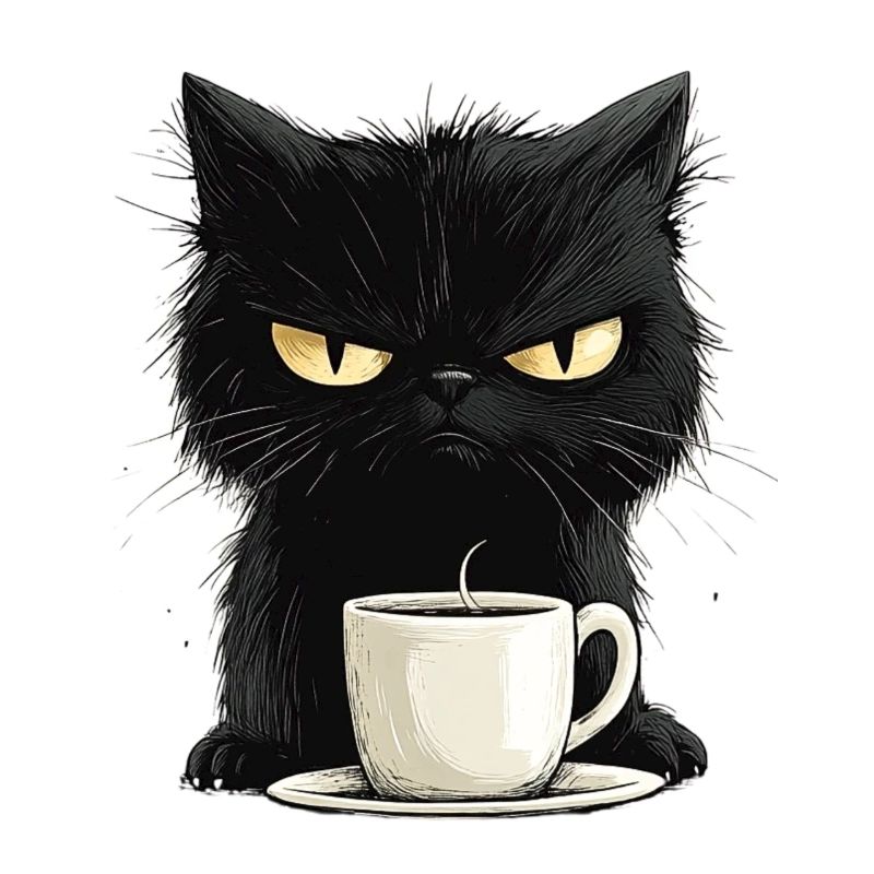 Grumpy nasty cat with morning coffee