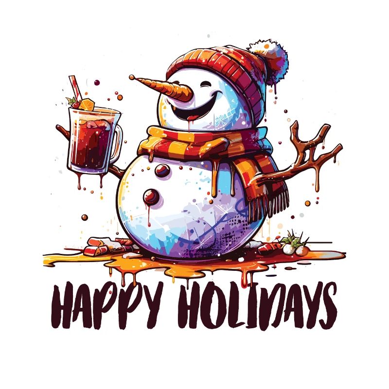 Snowman drinking mulled wine Happy Holidays
