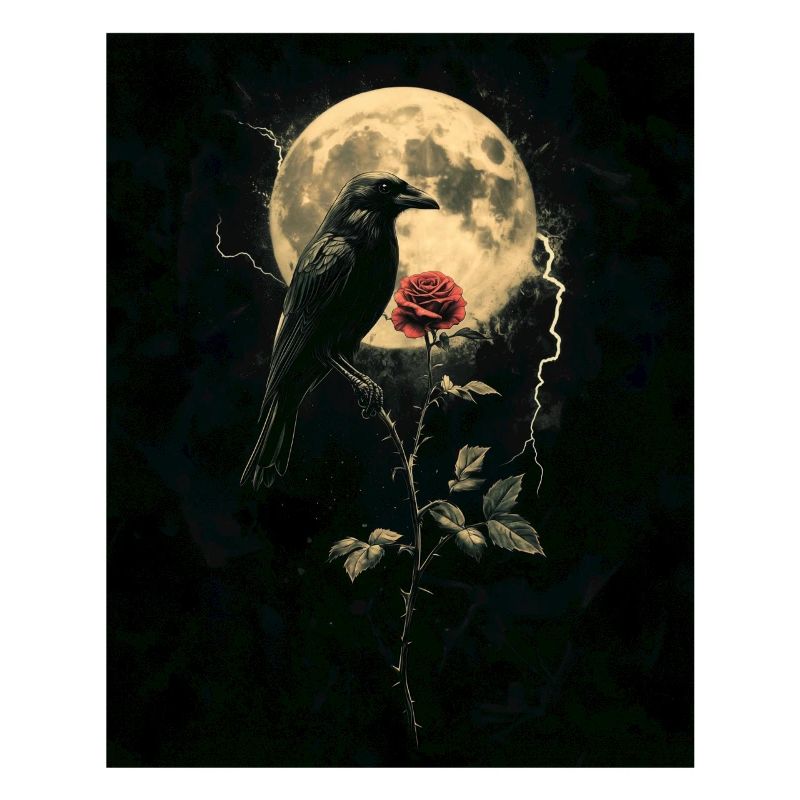 Rabe Rose Mond Düster Gothic Schwarze Krähe