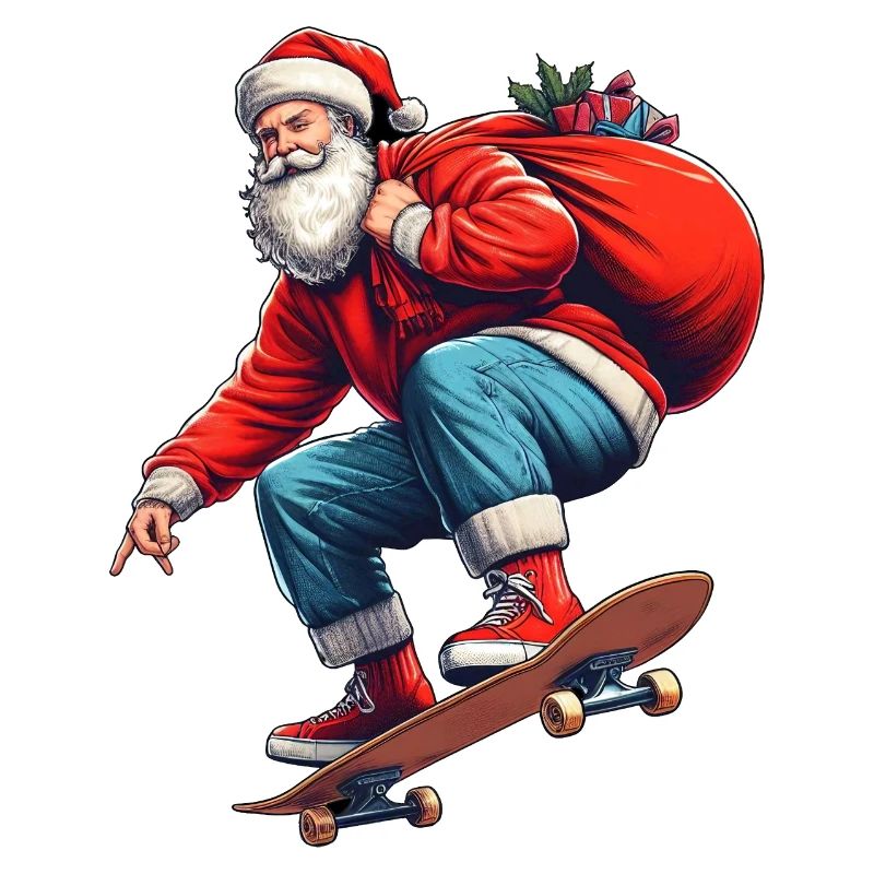 Retro-Weihnachtsmann springt mit einer Tüte voller Geschenke auf ein Brett
