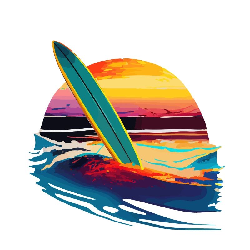 Planche de surf avec couché de soleil