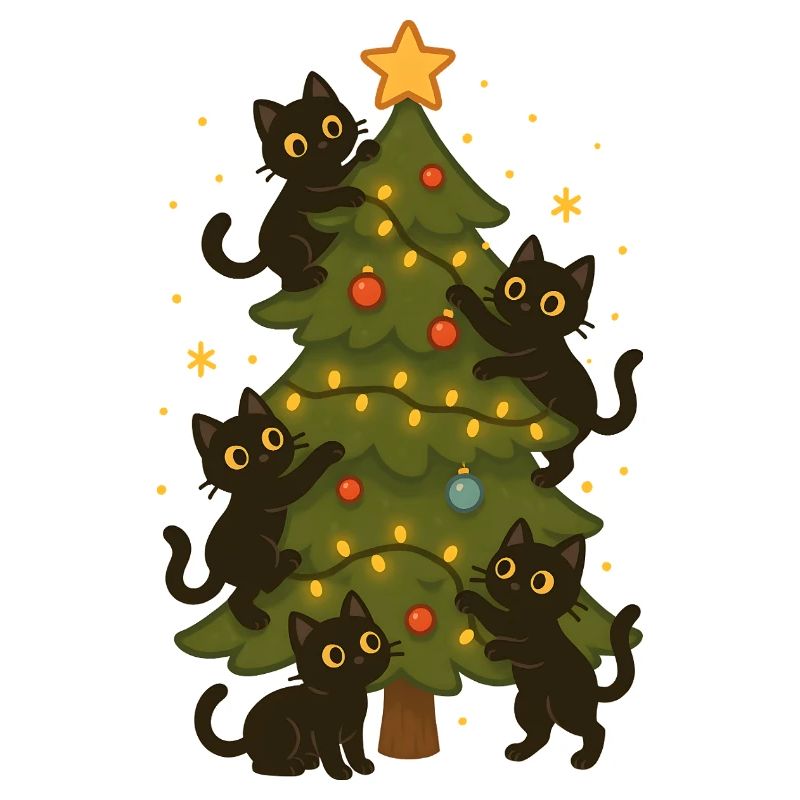 Cats Decorating Christmas Tree Fun Design