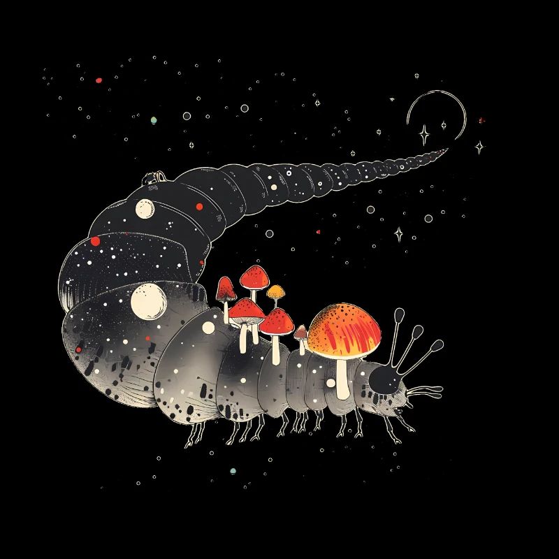 Surreal Caterpillar with Toadstools - Forest Motif