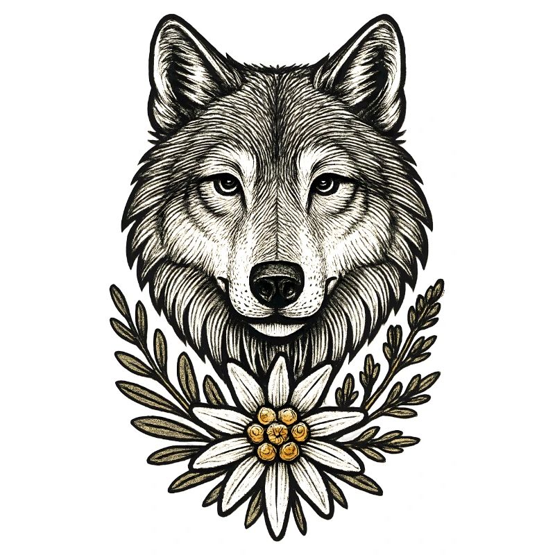 Wolfkopf mit Blumenkranz